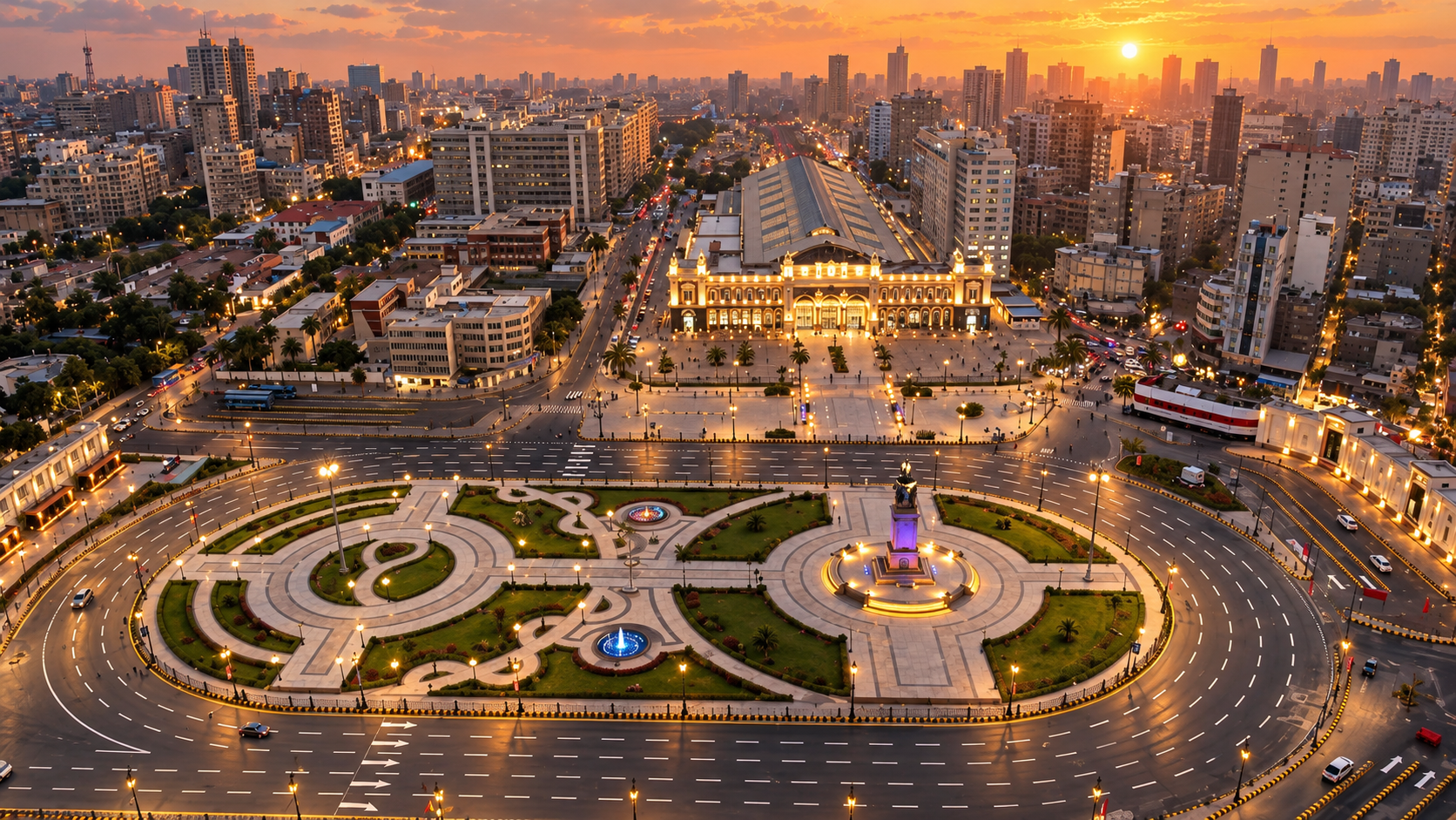 Aerial highway interchange and urban road infrastructure